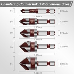 5PCS Countersink Drill Bit Set, 1/4″ Hex Shank 1/4”, 3/8”, 1/2”, 5/8”, 3/4”