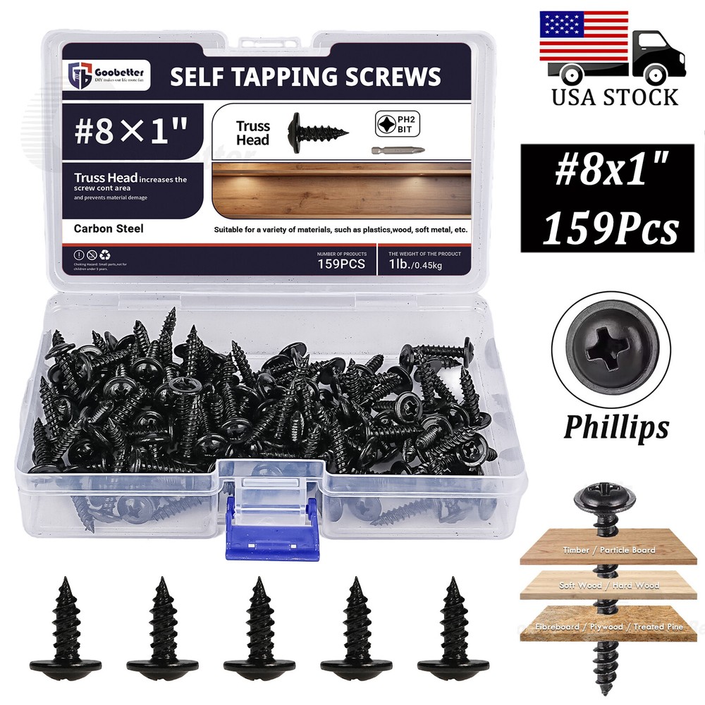 159pcs #8×1″ Phillips Wafer Truss Head Self Tapping Wood Screws Black Phosphate