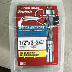 Red Head Trubolt 12017 Wedge Anchors, 1/2” x 3-3/4″ (10-Pack) HD Concrete Use