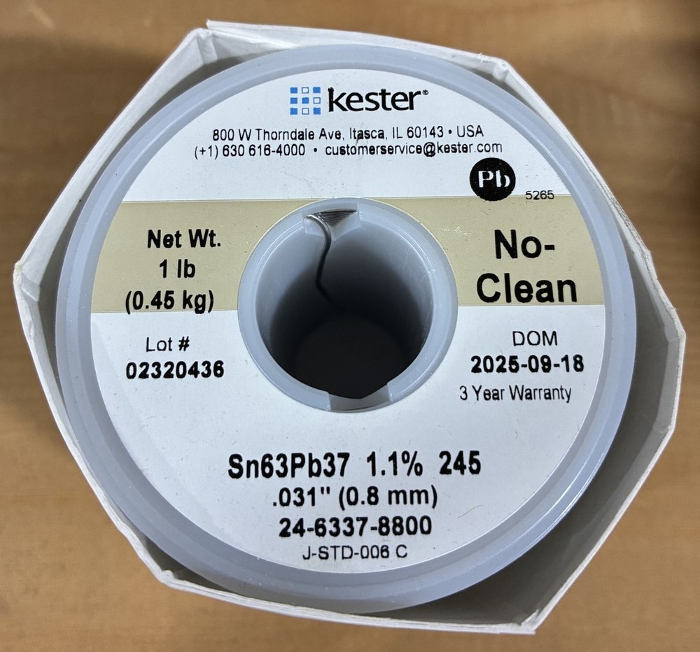 Kester 24-6337-8800 Solder Wire, No Clean, Leaded, Sn63Pb37, 1.1%, 0.031″ Dia.