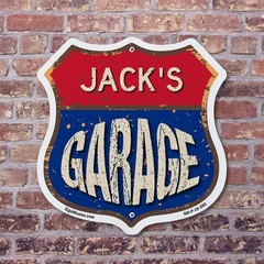 Jack’s Garage Shield Shaped Sign Weather Resistant Crafted in the USA