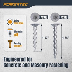 POWERTEC Cement Screws #8 x 15/8″, Ruspert Coated Concrete Screws with T25 To…