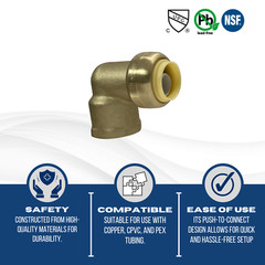 1 Piece 1/2″ Push Fit x 1/2″ Female Elbow, FNPT, Lead Free Brass,