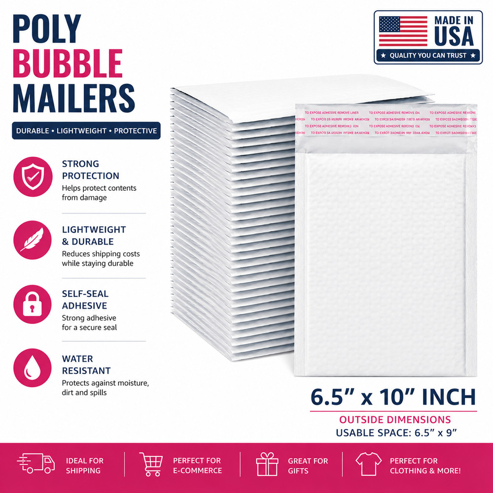 6.5 x 10 Poly Bubble Mailers Padded Envelopes MADE IN USA Shipping Bags