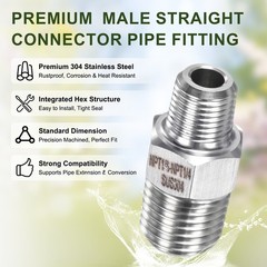 4-Pack 304 Stainless Steel 1/4″ NPT Male x 1/8″ NPT Male Hex Nipple Pipe Fitting