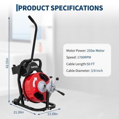 50FT x 3/8 Inch Drain Cleaner Machine Portable Auto Feed Drain Auger Sewer Snake