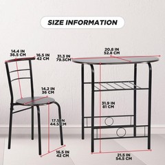 3 Piece Dining Set Round Table and Chairs Metal Frame Shelf Storage Brown