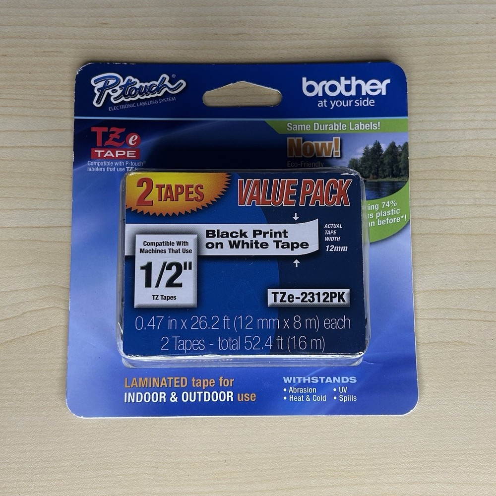 Brother 2 Pack TZe-2312PK – 12mm Black on White P-Touch TZ tape