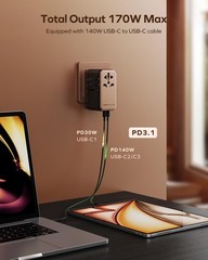 Universal Travel Adapter Worldwide 170W GaN, 3 USBC PD & 1 USBA QC Internatio…