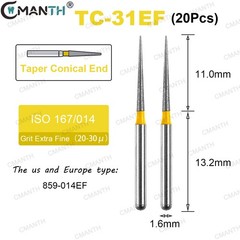 20PCS Dental Diamond Burs FG High Speed Bur Taper Conical Extra Fine 859-014EF