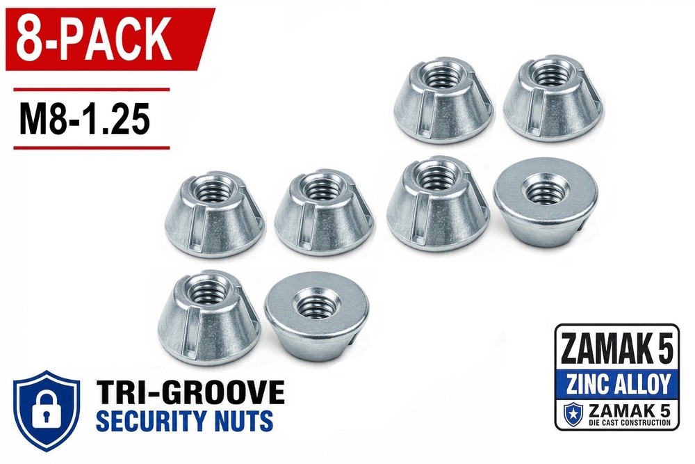 8 Pack M8-1.25 Tri Groove Security Nuts, Tamper Resistant, Anti-Theft, Trident