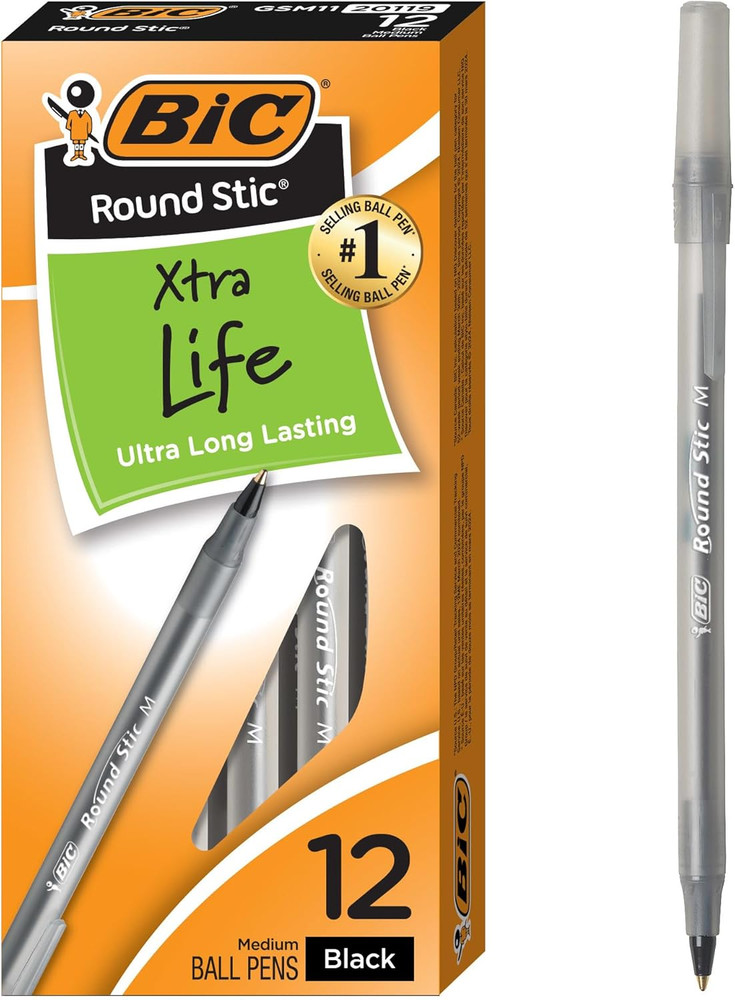 round Stic Xtra Life Black Ballpoint Pens, Medium Point (1.0Mm), 12-Count Pack o