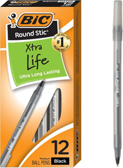 round Stic Xtra Life Black Ballpoint Pens, Medium Point (1.0Mm), 12-Count Pack o