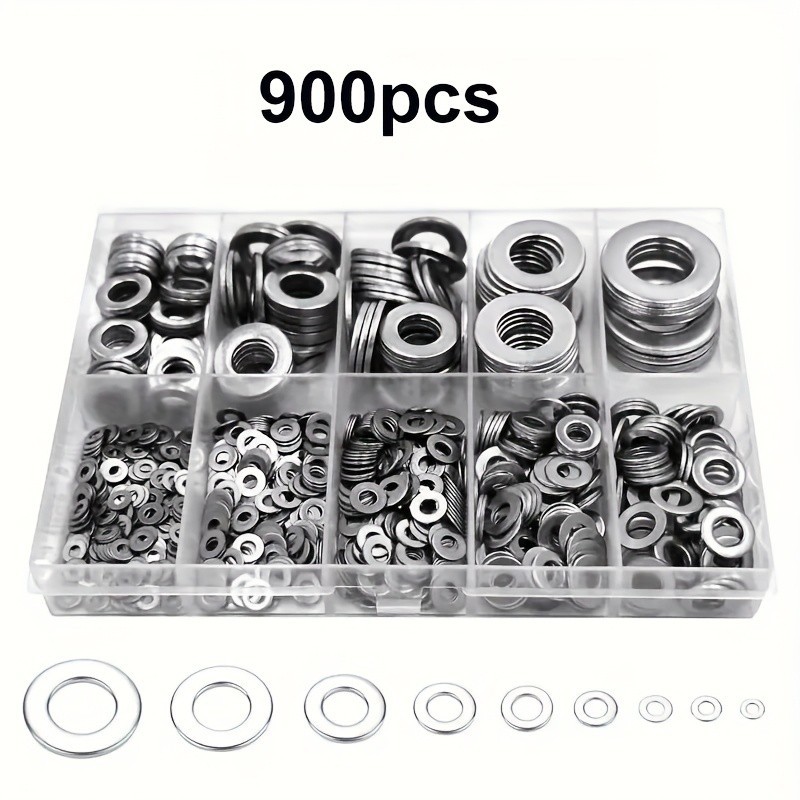 900PCS 304 Stainless Steel Flat Washer Set – Multi-Size for Repairs & DIY