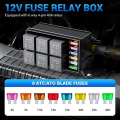 Universal 12V Automotive Relay Box, 6 Way Relay Fuse Box 12 AWG Fuse Circuit Box