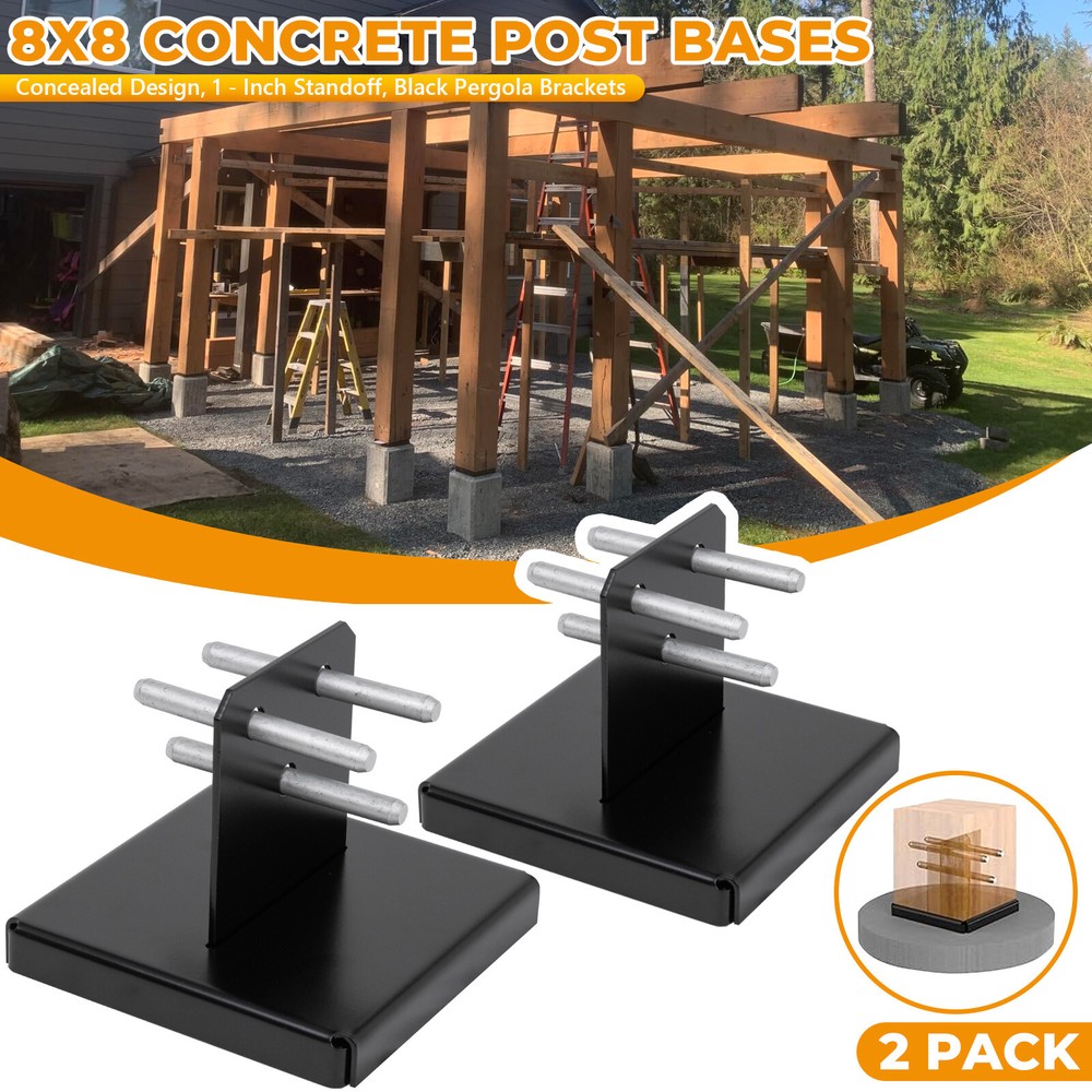 2 Pack 8×8 Post Base for Concrete, Pergola Black Brackets Kit w/ 1-Inch Standoff