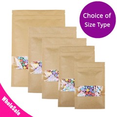 Assorted Sizes Flat Beige Kraft Paper Zip Lock Pouch Bag w/ Clear Window M
