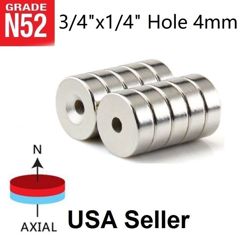 10 25 50 Countersunk Magnets 3/4″ x1/4 ” Hole 4mm Rare Earth Neodymium Disc