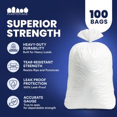 Plasticplace 55-60 Gallon White Trash Bags, 0.7 Mil, 38″W x 58″H, 100 Count