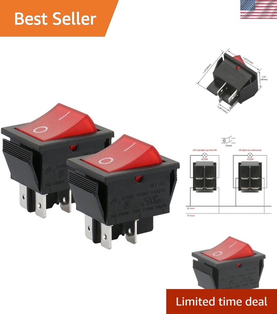 DPST Rocker Switch,ON/Off 4-Pin 16A 250V AC,Red LED Illuminated Snap-in Power…