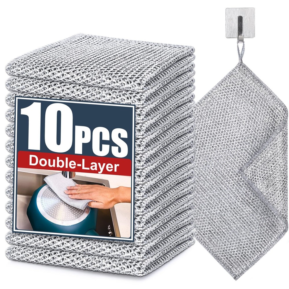 10 Pack Steel Wire Dishwashing Rags Double Layer Kitchen Cleaning Scrubbers