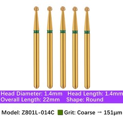 Vakker 5pc Dental Zirconica Diamond Burs w/ Metal Holder Z801 Z801L Round Shape