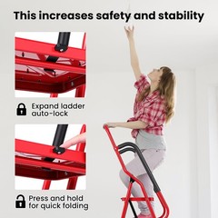 3 Step Ladder with Hankdrails, Folding Step Stool with Safety Lock, Red