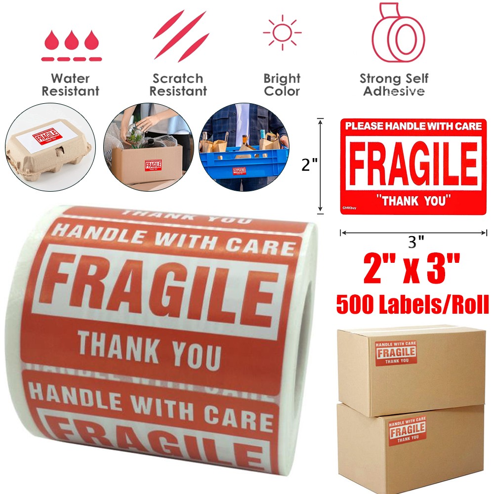 Fragile Stickers 1 Roll 500 2×3 Fragile Label Sticker Handle With Care Mailing