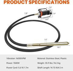 1500W Power Concrete Vibrator Tools, 16000 VPM Portable Cement Concrete 15Ft Rod
