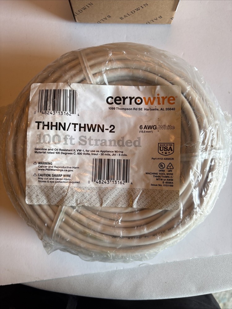 Cerro Wire 6 AWG THHN White Stranded Copper Wire 100 Ft Roll THHN/THWN-2 NEW