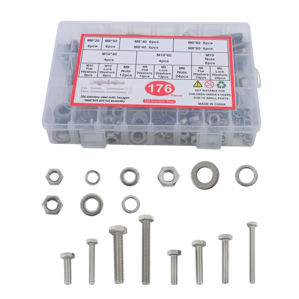 176 Pack M6 M8 M10 Bolts And Nuts Assortment Kit Heavy Duty 304 Stainless Steel