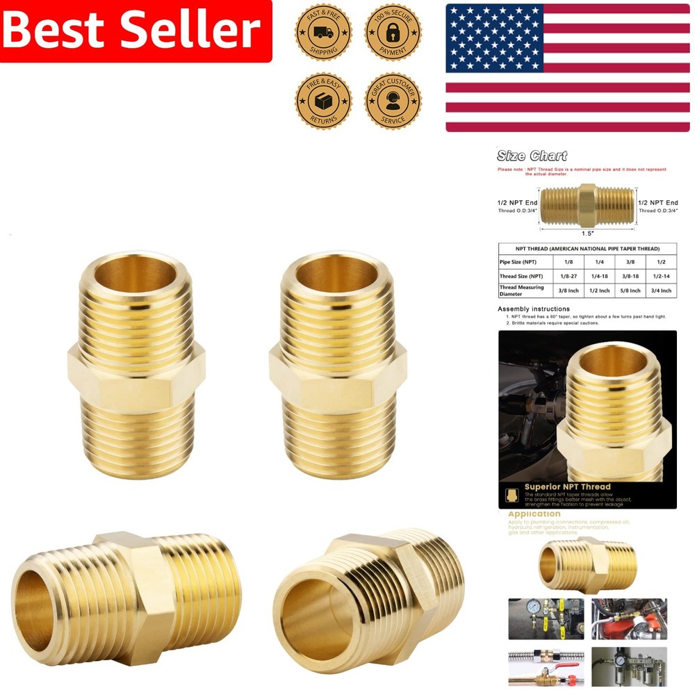 Brass Hex Nipple 1/2 NPT Male Adapter Fitting 4-Pack Solid Pipe Connector Du…