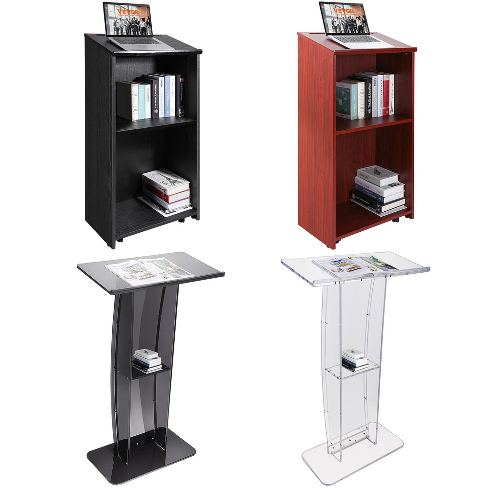 VEVOR Podium Stand 47″ Acrylic/Wood Podium with Storage Shelve Black/White/Brown