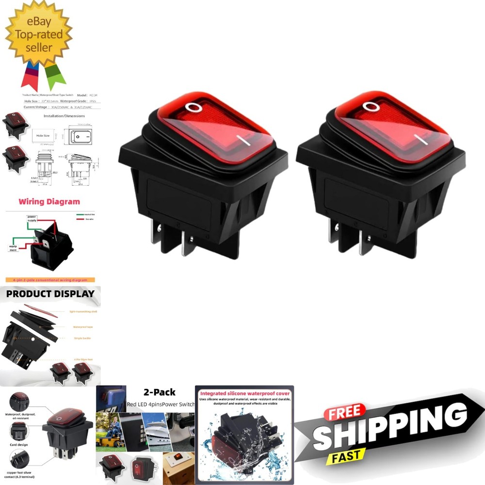 2 Pack 30A Rocker Switch – 125V/250V AC Waterproof Toggle Switch with Red LED…