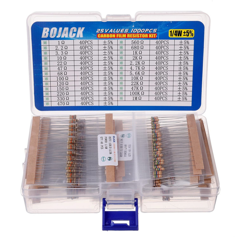 1000 Pcs 25 Values Resistor Kit 1 Ohm-1M Ohm with 5% 1/4W Carbon Film Res