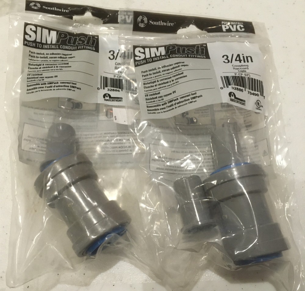 [2 Pack]Southwire SimPush 3/4” Push Install PVC Conduit Couplings # P-CP-075
