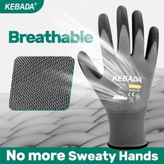 Kebada W1 Work Gloves for Men and Women, PU Coated Safety Large, Light Grey