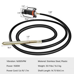 1300W Power Concrete Vibrator 16000 VPM Durable 2HP 14.75 FT Copper Engine