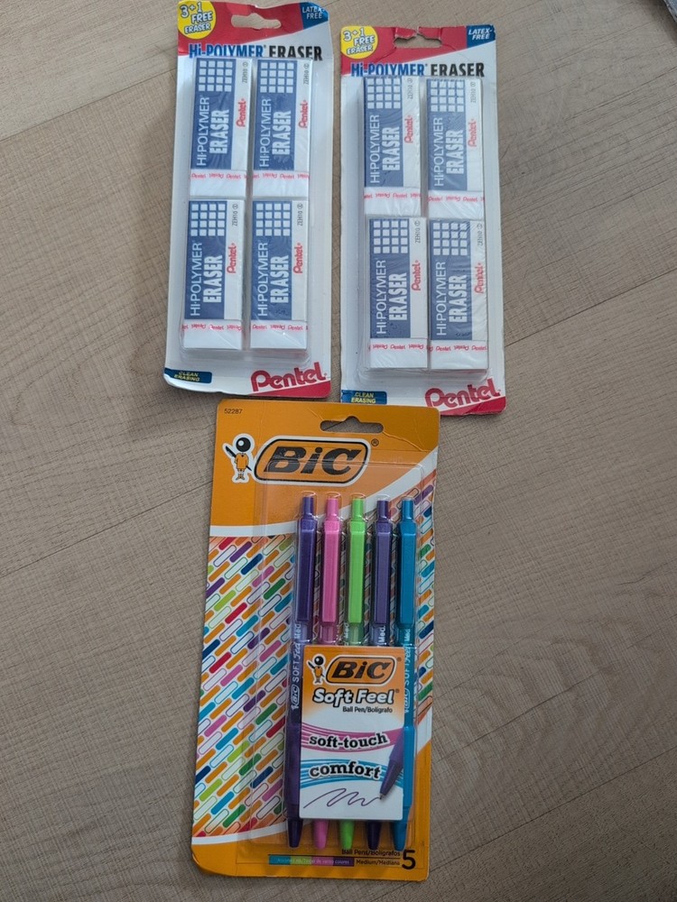Pentel Hi-Polymer Latex Free Block Eraser White 2 Set + BIC Pens New Sealed