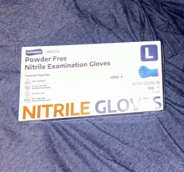 Supmedic Nitrile Powder-Free Examination Gloves, Large (L) 100 Count