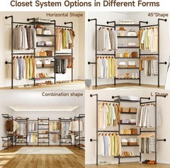 ONBRILL H3 Expandable Closet System 5.4 8.1FT with 4 Rods 6 Wire Shelves Black