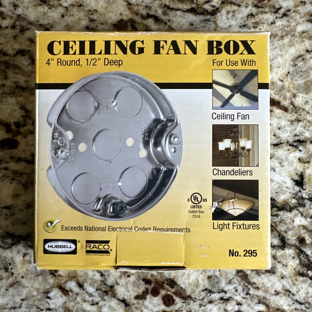 ⭐️⭐️⭐️⭐️⭐️ Ceiling Fan Box Hubbell Raco No.295 4″ Round 1/2″ Deep
