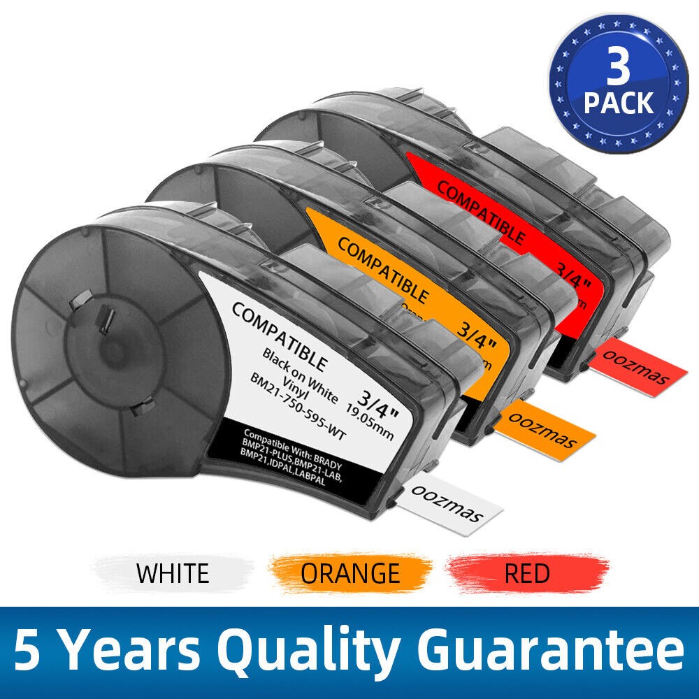 3PK M21-750-595 Label Tape Cartridge For Brady BMP21 White Red Vinyl 3/4″ x 21′