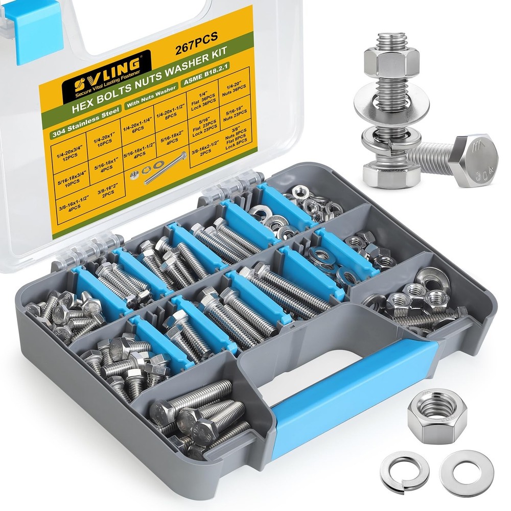 267PCS Hex Bolts and Nuts Assortment Kit,1/4-20, 5/16-18, 3/8-16 Bolt Nut and…