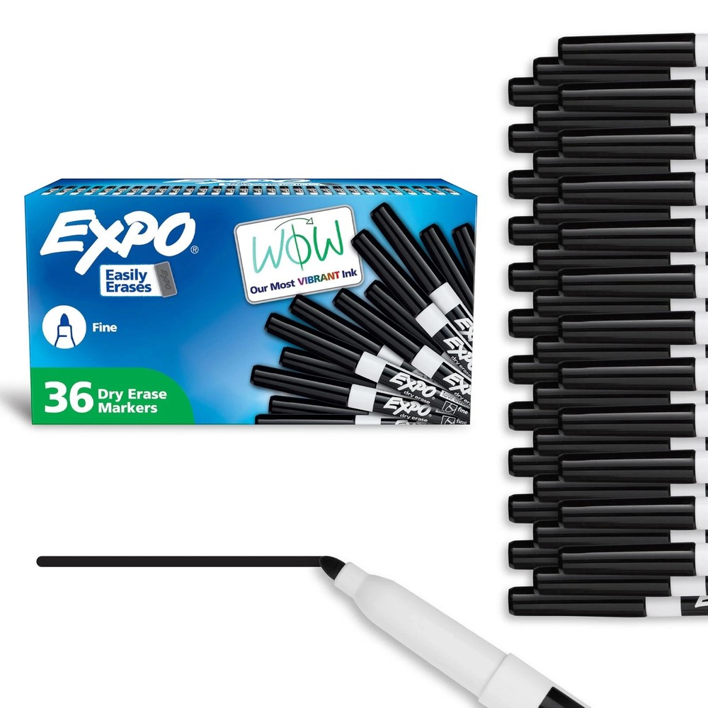 EXPO Dry Erase Markers Low Odor Ink Black, Fine Tip Vibrant Ink – 36 Count