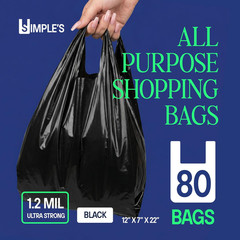 Black Plastic T-Shirt Bags with Handles – 80 Count – 12″X7″X22″ – 1.2 Mil – Groc