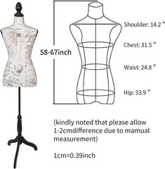 Female Mannequin Torso with Plastic Tripod Base Stand 58″-67″ Adjustable Height