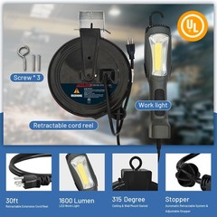 Aceland Portable Corded Led Work Light 30 Feet Retractable Cord Reel 1600