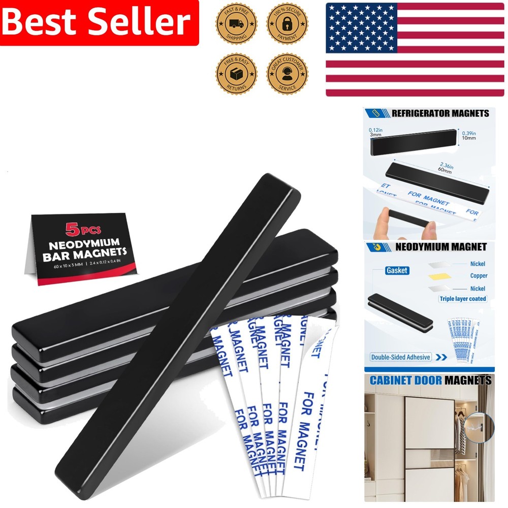 5x Strong Neodymium Bar Magnets, Black Waterproof Epoxy Coated, 60x10x3mm