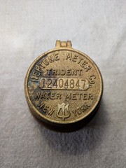 Antique Brass Neptune Meter Co. Trident Water Meter NEW YORK On Wood Base